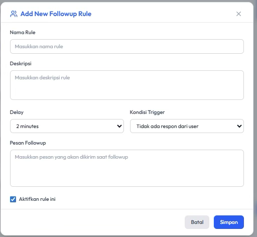 Form Add New Followup Rule dengan field Nama, Deskripsi, Delay, Kondisi Trigger, Pesan, dan checkbox Aktifkan