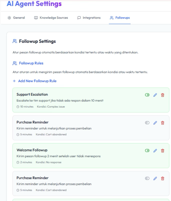 Halaman AI Agent Settings tab Followups dengan daftar Followup Rules