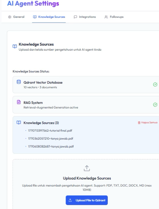 Halaman AI Agent Settings tab Knowledge Sources