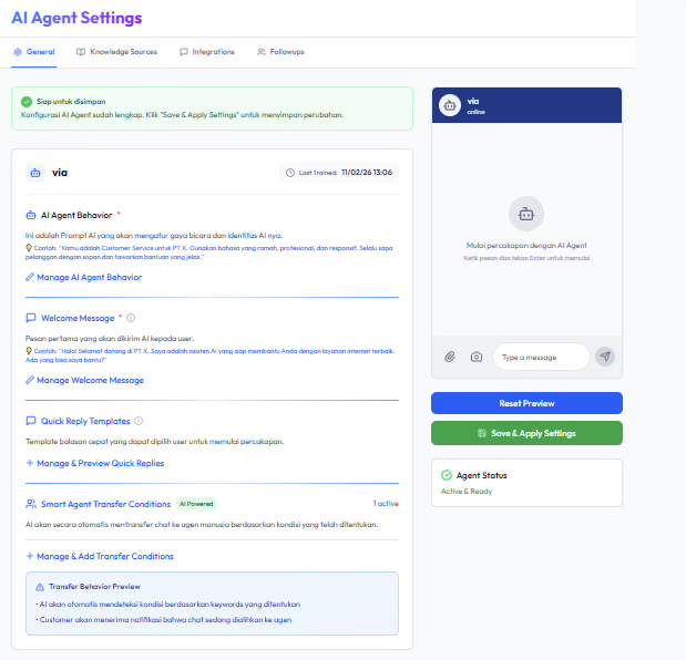 Halaman AI Agent Settings dengan tab General, Knowledge Sources, Integrations, Followups