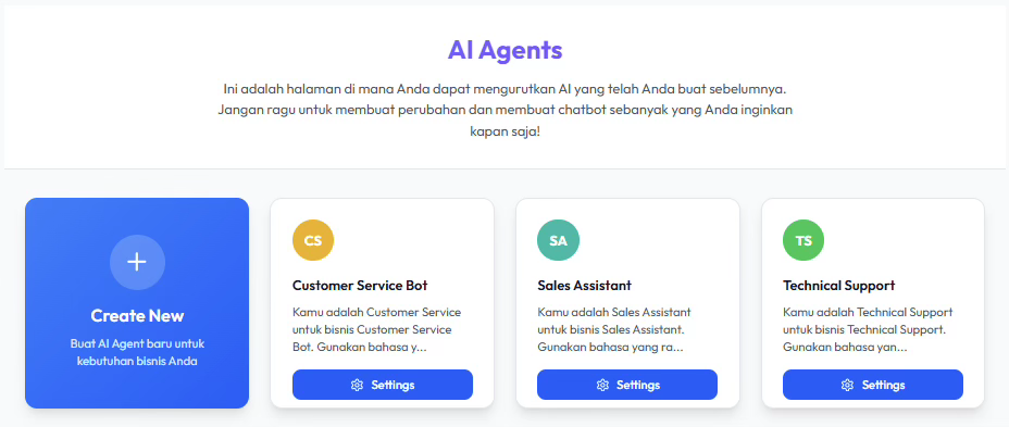 Halaman AI Agents dengan card Create New dan daftar card AI Agent
