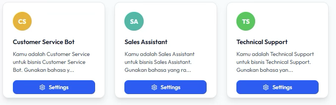 Daftar card AI Agent berisi Customer Service Bot, Sales Assistant, dan Technical Support