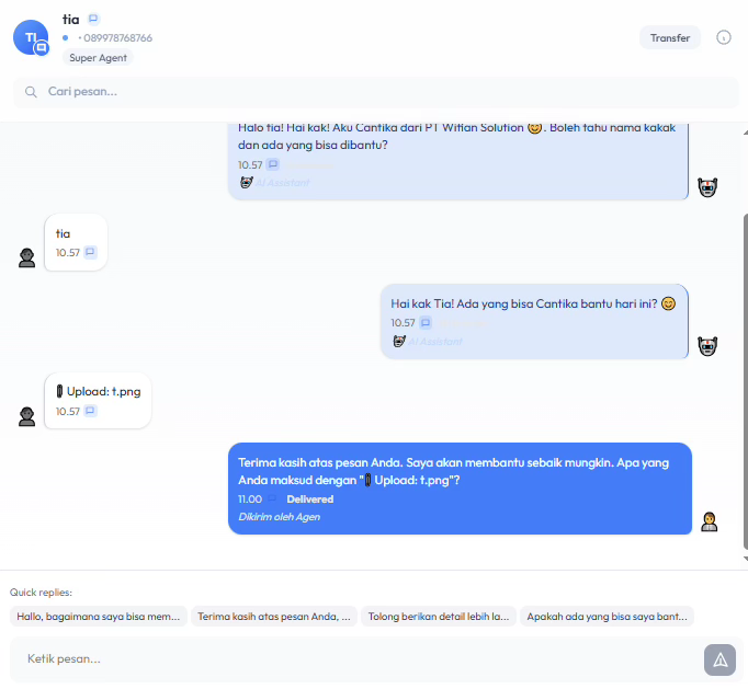 Panel chat: header customer, tombol Transfer, pencarian pesan, bubble AI dan customer, balasan agen, quick replies, kotak kirim pesan