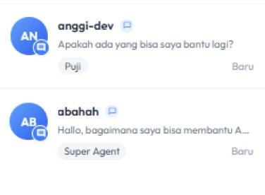 Daftar percakapan: avatar, nama, preview pesan, label agent, indikator Baru