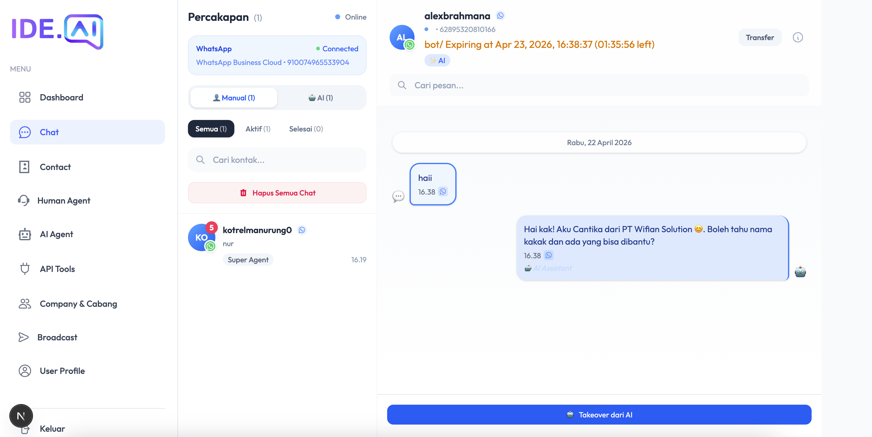 Contoh tampilan halaman Chat di panel Ide AI